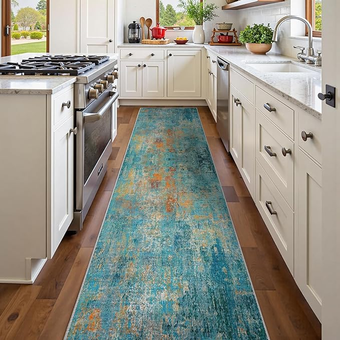 RELEANY Washable Area Rugs 2'x10' Non-Slip Modern Abstract Soft for Living Room Entryway Bedroom Nursery, Print Pattern, Teal Blue Green Orange Rust Red Coloreful