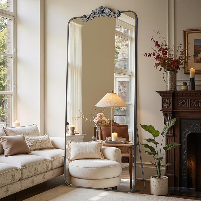 Vintage Full Length Mirror, 71"x28" Floor Mirror with Carved, Full Body Mirrors for Home Decor, Standing/Hanging Large Wall Mirrors for Bedroom/Living Room/Entryway, Black, Retro Style