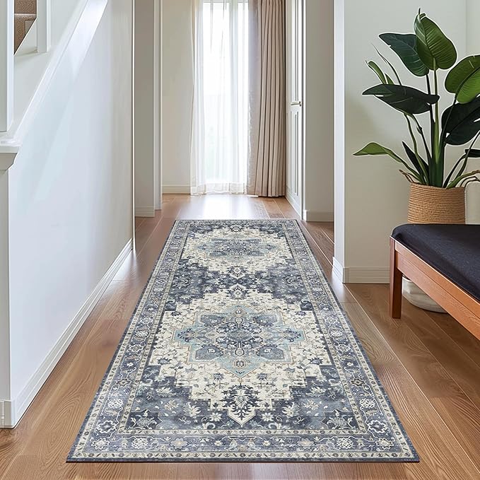 GENIMO 2'6"x6 Runner Rugs for Hallway, Machine Washable Non Slip Vintage Rugs, Low Pile Lightweight Soft Print Rug for enrtyway, Corridor, Home Office, Kitchen, Center Blue