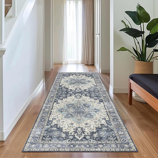 GENIMO 2x8 Runner Rugs for Hallway, Machine Washable Non Slip Vintage Rugs, Low Pile Lightweight Soft Print Rug for enrtyway, Corridor, Home Office, Kitchen, Center Blue