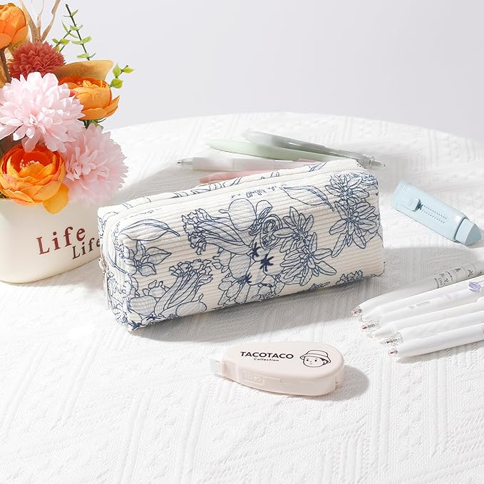 Pencil Case Lightweight Aesthetic Pen Case Office College School Storage Bag Pouch Holder Box Organizer Makeup Pouch Cosmetic Bag for Girls Boys Kids (Flowers-Navy blue)