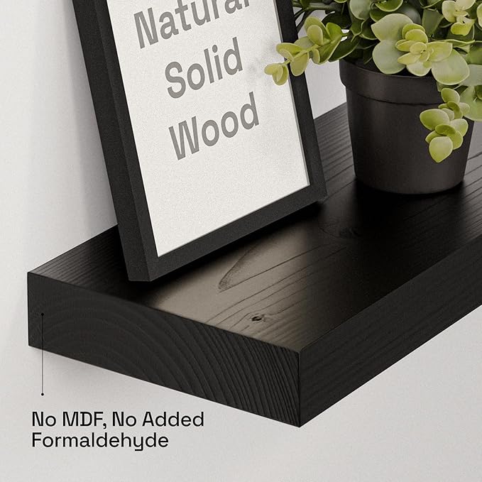 BAOBAB WORKSHOP Solid Wood Floating Shelves for Wall 20 Inch Wide, Wooden Bathroom Shelves for Room Wall, Heavy Duty Shelf Mounted Kitchen Bedroom Rustic Farmhouse, Black Shelf, 20W × 6.7D, Set of 2