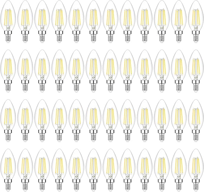 48-Pack Dimmable E12 LED Candelabra Bulbs 60W Equivalent, 5000K Soft Warm White, 600 Lumens B11 Candle Base 6W C35 LED Filament Vintage Light Bulbs, Clear Glass for Chandelier Ceiling Fan High CRI 90+