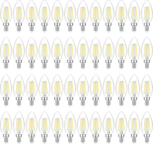 48-Pack Dimmable E12 LED Candelabra Bulbs 60W Equivalent, 5000K Soft Warm White, 600 Lumens B11 Candle Base 6W C35 LED Filament Vintage Light Bulbs, Clear Glass for Chandelier Ceiling Fan High CRI 90+