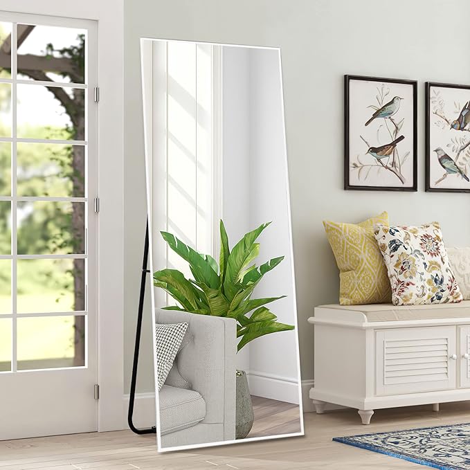 NeuType Full Length Mirror, 55"x16" Full Body Mirror with Stand Floor Mirror Full Length Standing Mirror Wall-Mounted Mirror Hanging or Leaning Against Wall Aluminum Alloy Thin Frame (White)