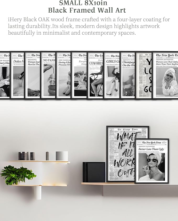 iHery Small Premium Natural Black OAK Wood 8x10in Champagne Problems On the Rise Newspaper Trendy Framed Wall Art, Vintage Funny Canvas Wall Decor For Girly Dorm Bedroom Living Room 1Pack