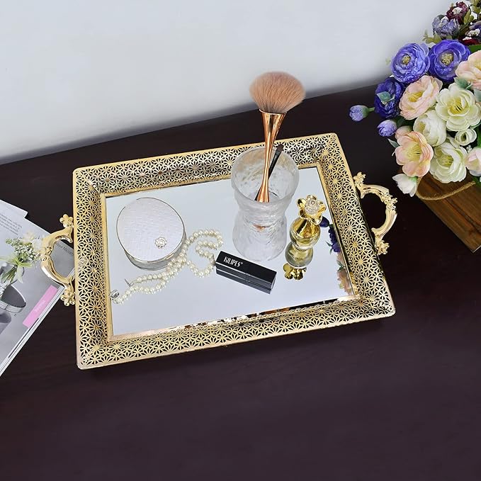 Decorative Glass Mirrored Tray Home Decor Vanity Tray for Dresser Make Up Jewelry Organizer Gold Perfume Tray Rectangle