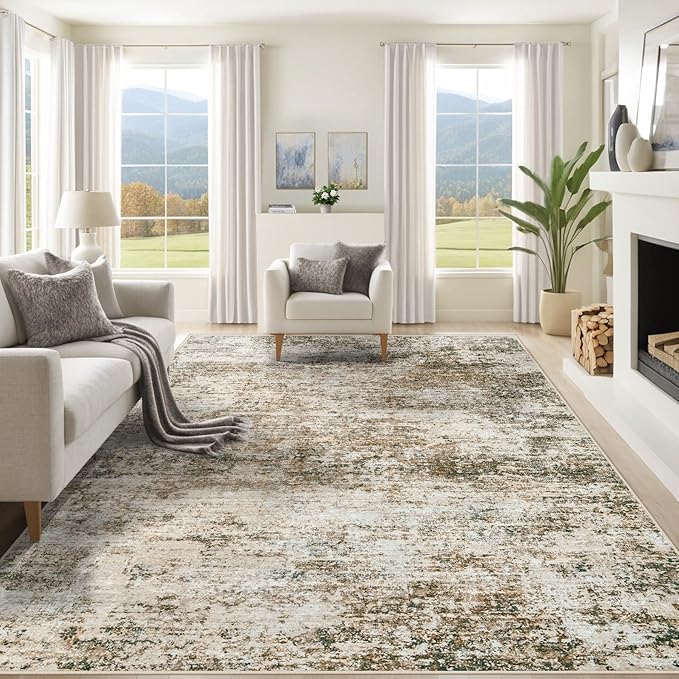 XLUEZ 9x12 Area Rug for Living Room, Washable Modern Abstract Large Area Rug Neutral Soft Non Slip Kids Rug Stain Resistant Indoor Carpet for Bedroom Dining Room Playroom Office(Brown, 9'x12')