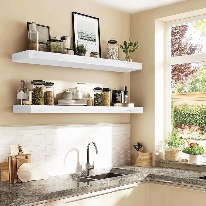 48x6.8x2in Floating Shelf – Natural White Solid Wood Rustic Mounted Shelf – Heavy Duty Decorative Storage for Living Room, Kitchen, Bathroom, Bedroom