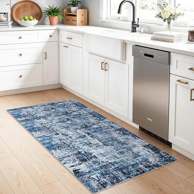 2x5 Washable Kitchen Runner Rug – Non-Slip Rubber Backing Low-Pile Soft Small Rug for Hallway Bathroom Bedroom Entryway Laundry Room – Modern Neutral Abstract Thin (Navy Blue)