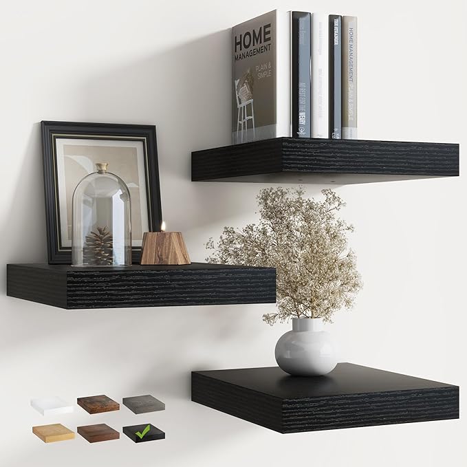 12 Inch Floating Shelves for Wall with Invisible Brackets Set of 3, 12"D Engineered Wood Wall Shelves with Wood Grain for Living Room, Bedroom, Bathroom, Kitchen Decor and Storage, Black Finish