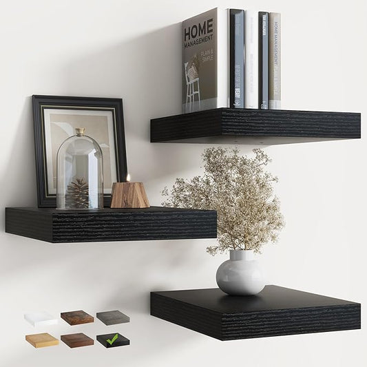 12 Inch Floating Shelves for Wall with Invisible Brackets Set of 3, 12"D Engineered Wood Wall Shelves with Wood Grain for Living Room, Bedroom, Bathroom, Kitchen Decor and Storage, Black Finish