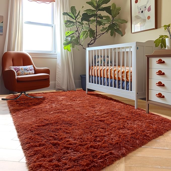 Amdrebio Terracotta Rust Area Rugs for Bedroom Kids Room, Fluffy Fuzzy Shaggy Furry Small Rug 3x5 for Living Room Decor Aesthetic, Cute Plush Shag Rustic Carpet for Dorm Nursery Classroom Playroom