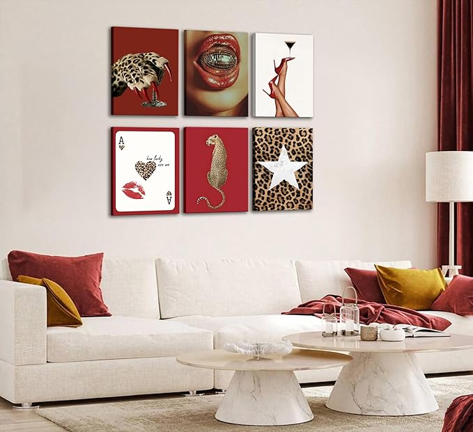 6pcs Trendy Red Fashion Leopard Wall Art Funky Lucky Wall Decor Ace Of Hearts Spades Poker Canvas Prints Vintage Room Aesthetic Pictures Posters Cheetah Painting for Girly Apartment Dorm Framed
