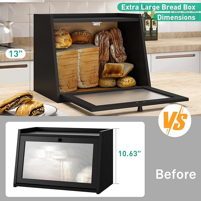 kiplant Large Bread Box for Kitchen Counter, Black Bamboo Bread Storage Container with Wavy Arcylic Transparent Door, Bamboo Wooden Farmhouse Bread Box for Your House