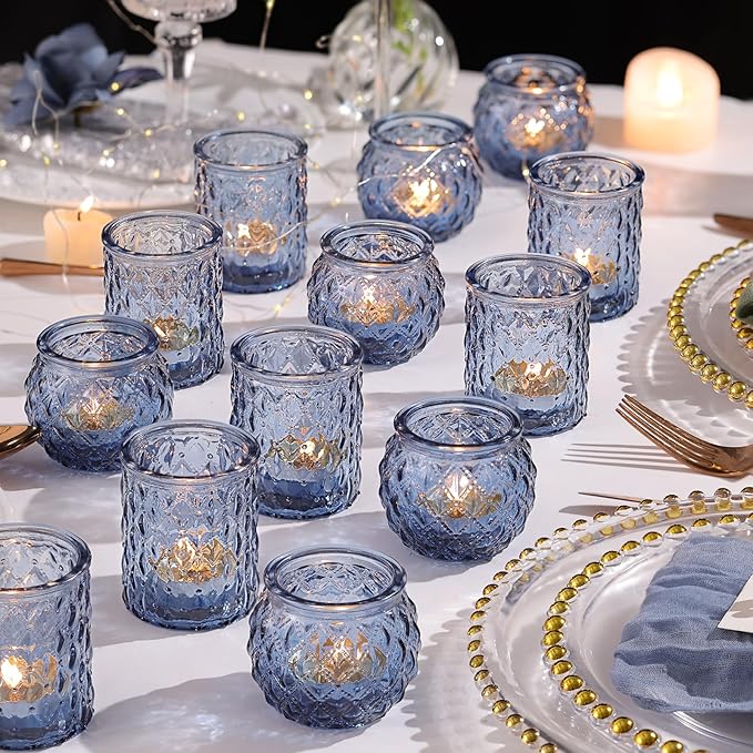 NITIME 36Pcs Assorted Blue Votive Candle Holders, Blue Candle Holders for Wedding Table Decor, Tea Lights Candle Holder for Table Centerpiece, Bridal Shower, Baby Shower Decorations