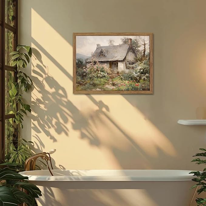 Framed Farmhouse Wall Decor, Country Cottage Pictures Wall Art, Pastoral Nature Landscape Canvas Print, Vintage Farm House Oil Painting Artwork for Bedroom Living Room – 12x16 inch