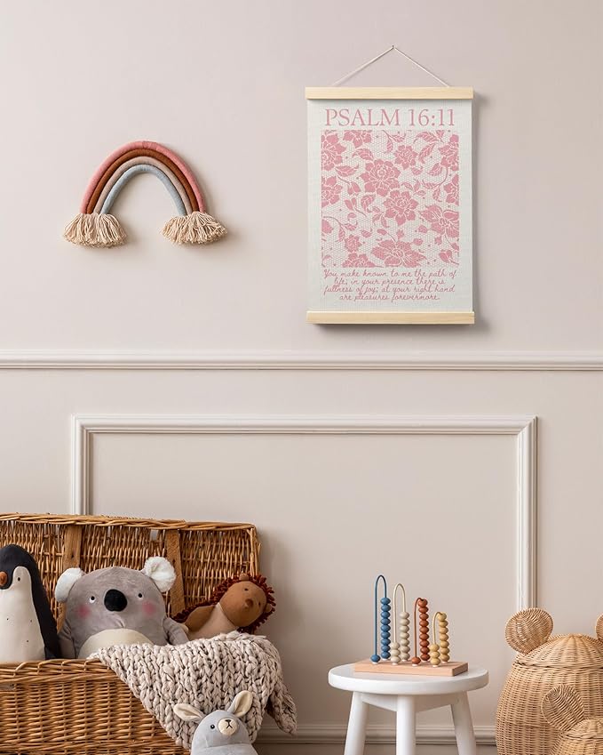 FGFK Pink Lace Floral Christian Wall Art Poster Hanger Frame, Christian Room Decor, Psalm 16:11 Bible Verse Canvas Prints Framed Wall Decor for Girls Bedroom Dorm Apartment, 12x16 Inch