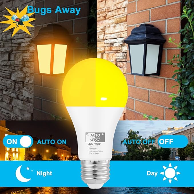 Qualilux Dusk to Dawn Light Bulbs, Auto On/Off Light Sensing LED Bulbs Outdoor, Amber Yellow Bug Light, A19 2-Pack, 12W 800LM 60W Equivalent, HQ-H019
