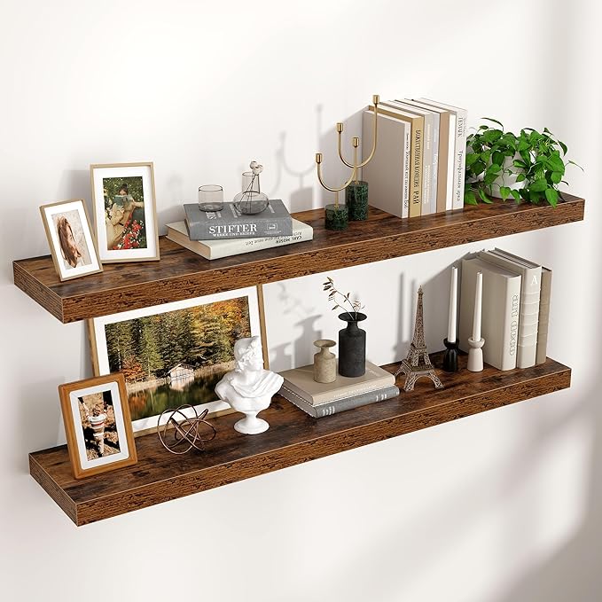 Venusmiles Floating Shelves for Wall 48 inch Long, Engineered Wood Wall Shelves with Invisible Brackets for Living Room Bedroom Bathroom Office Kitchen Decor and Storage, Rustic Brown, Set of 2