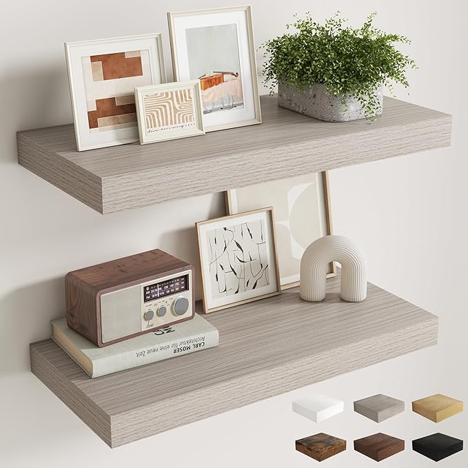 Fun Memories 30 Inch Grey Floating Shelves for Wall, 12 Inch Deep Shelves for Bathroom|Kitchen|Bedroom, Wall Mounted Rustic Wood Floating Shelf with Invisible Brackets for Books|Storage|Decor, 2 Pack