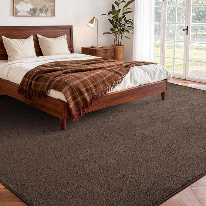 FinRèc 6x9 Washable Area Rugs for Bedroom Living Room, Low Pile Thin Rug Solid Color, Non-Slip Carpet Indoor for Home Decor (Pure Brown)