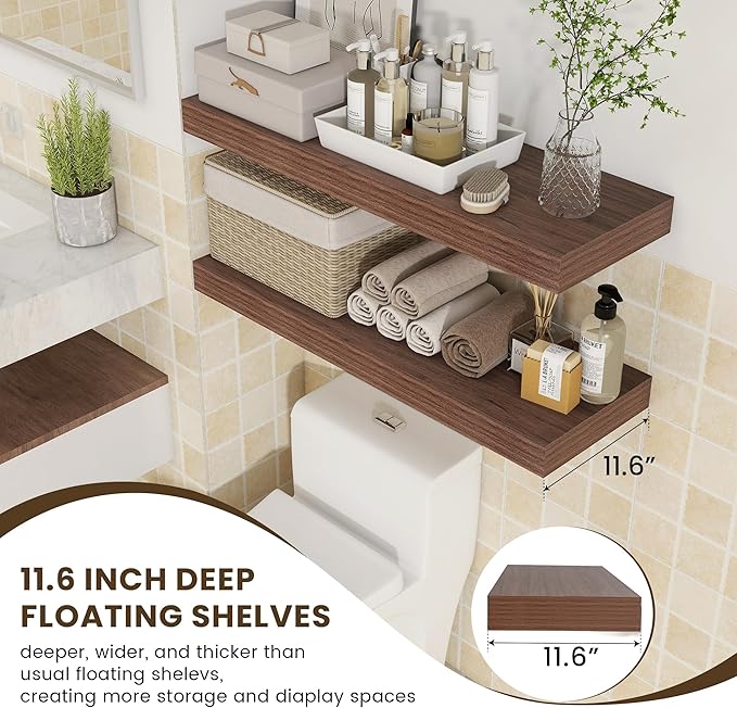 FLYJOE Deep Floating Shelves | 36 Inch Walnut Floating Shelves Set of 2 | 12 Inch Deep Rustic Wood Shelves for Wall | 36" W x 12" D Walnut Shelves for Living Room Bathroom Laundry Room Kitchen