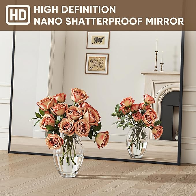 Antok Full Length Mirror, 58"x18" Floor Mirror with Stand, Hanging Mounted Mirrors for Bedroom, Living Room, Cloakroom, Dining Room, Black, Rect