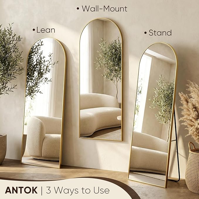 Antok 56" x15” Arched Full Length Floor Mirror, Gold Aluminum Frame, Free Standing/Wall Mount/Leaning for Bedroom, Living Room, Dressing Room