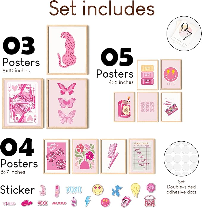 97 Decor Cute Preppy Room Decor Aesthetic - Pink Preppy Posters for Bedroom, Trendy Prints for Wall Decorations, Light Pink Art Retro Pictures, Dorm Wall Art for College Teen Girl Apartment (Unframed)