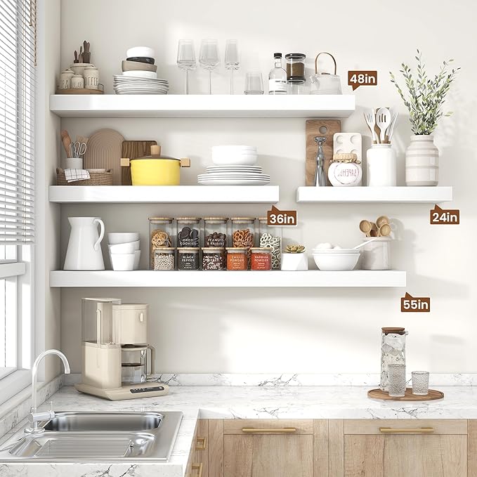 Heimlove Floating Shelves for Wall 55 Inch Long,Extra Large and Thick Wood Shelves Mounted Storage Hanging Shelf Invisible Bracket for Bedroom,Living Room,Kitchen,Office,Set of 2,White