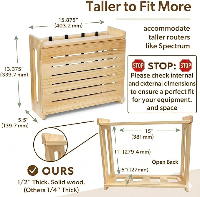 Wooden WiFi Router Storage Box - Standard Wall Mountable Decorative Modem Shelf Hider Cover with Cable Management System - Rustic Home Organization Solution for Most Routers Up To 11" Tall - Pine