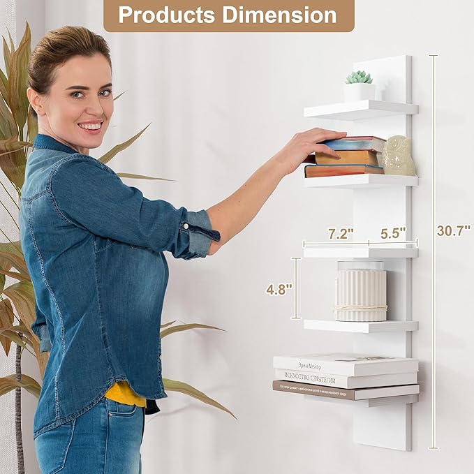 Fun Memories 5 Tier Wall Shelf Unit, White Floating Shelves for Storage - Vertical Column Tower Design, Lack Wall Shelf Space Saving Organizer for Bedroom, Living Room, Home Decor