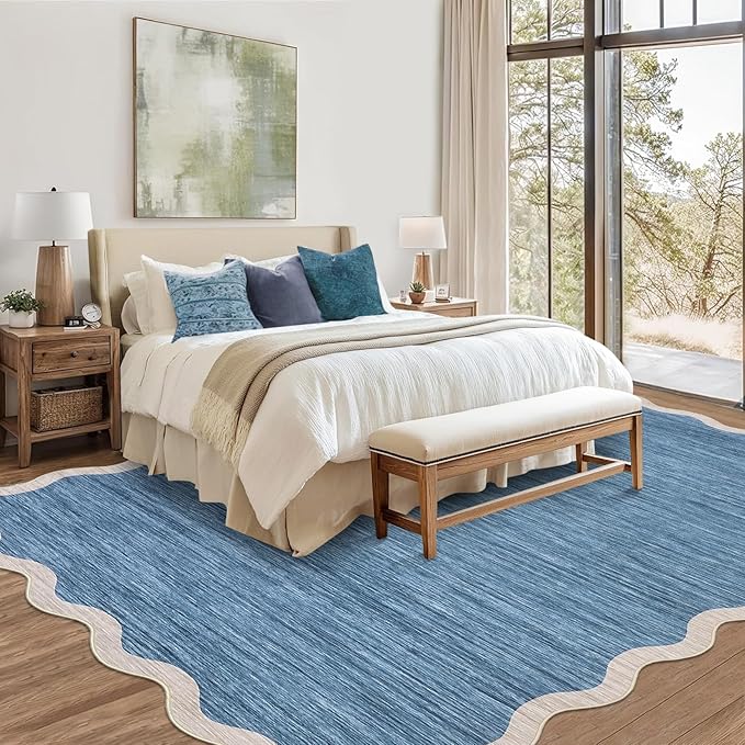 GarveeHome Scalloped Washable Area Rug 8 x 10 Rug for Living Room Modern Blue Rug Non Slip Throw Rugs Distressed Large Bedroom Area Rug Stain Resistant Carpet for Dining Room Nursery 8 ft x10 ft Blue