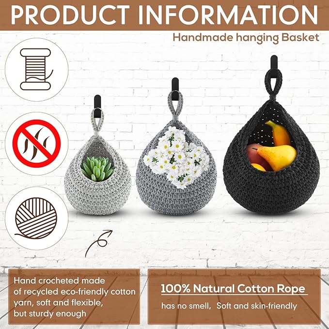 Honeydak Boho Decor Hanging Wall Baskets for Kitchen 3 Pack Teardrop Baskets with Hooks Storage Fruit Onion Vegetable Potato for Home 3 Sizes(Light Grey, White, Dark Grey,Teardrop,Cotton Rope)