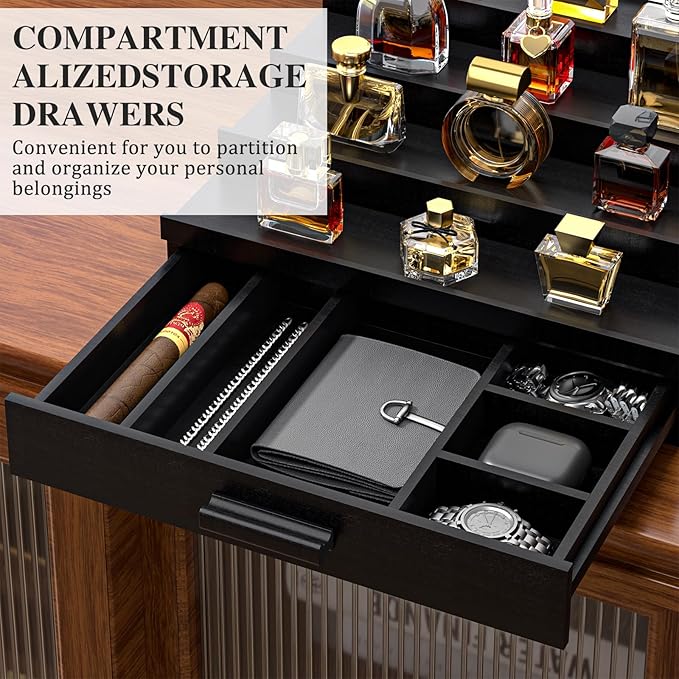 Vdamu Cologne Organizer for Men,4 Tier of Elevated Cologne Display Stand with Drawer Storage,Wood Cologne Display,Perfume Organizer and Storage Display Risers,Great Gift for Men (Black)