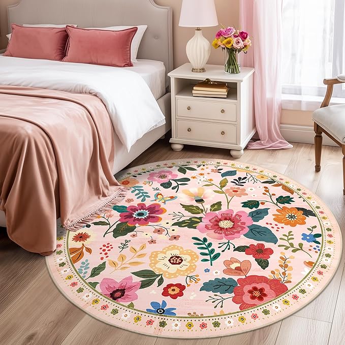 RELEANY Floral Nursery 4ft Area Rugs Washable Print Boho Cute Carpet Non Slip Flower Low Pile for Living Room Kids Girls Playroom Bedroom Kitchen Office Farmhouse-Pink