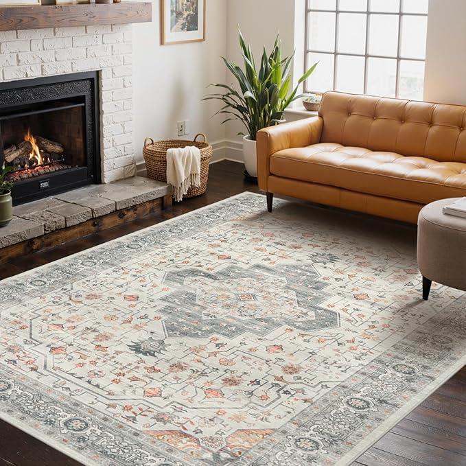 Rugxara Washable Area Rug for Living Room, Vintage Neutral Boho Rugs for Office, Dining Room, Kids Room, Farmhouse, Durable Low Pile Non Slip Carpet for High Traffic Areas, Taupe(4x6ft)