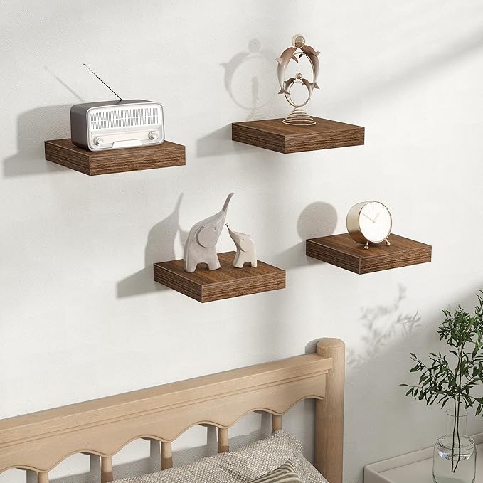 Fun Memories Rustic Wood Floating Shelves for Wall, Space-Saving Wall Mounted Shelves for Bathroom, Bedroom, Living Room and Kitchen, Stylish Storage & Display (Set of 4, Walnut, 8 in)