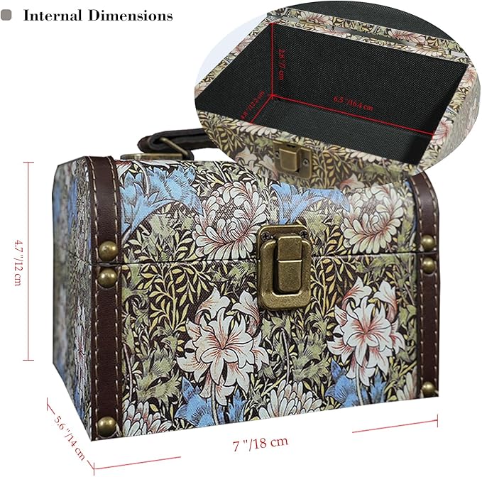 Vintage Decorative Storage Box with Handle, Retro Floral William Morris Keepsake Organizer Chest for Jewelry, Trinkets, Gift Packaging and Home Decor, 7 x 5.6 x 4.7 Inch