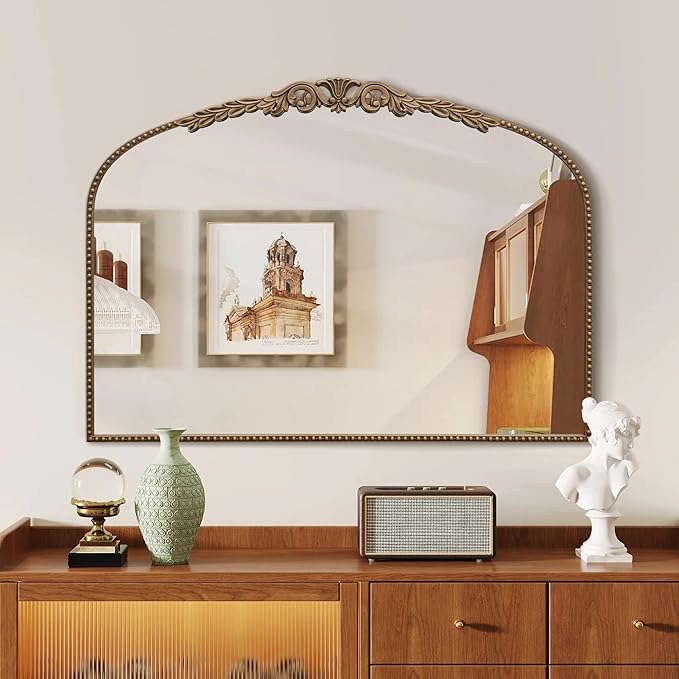 Besdomus Gold Large Arched Mirror: 40"x29" French Baroque Vintage Mirror - Traditional Ornate Antique Mirrors for Wall/Mantel/Bedroom/Entryway/Bathroom/Hallway - Home Decor for Fashion-Conscious