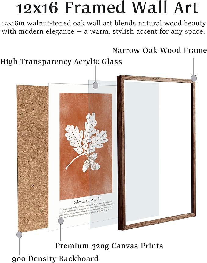 EcoHest Vintage Christian Fall Framed Wall Art, 12x16 in Walnut Color OAK Wood Burnt Orange Bible Verse Canvas Wall Art, Botanical Scripture Colossians Faith Home Decor, 1Pack for Bedroom Living Room