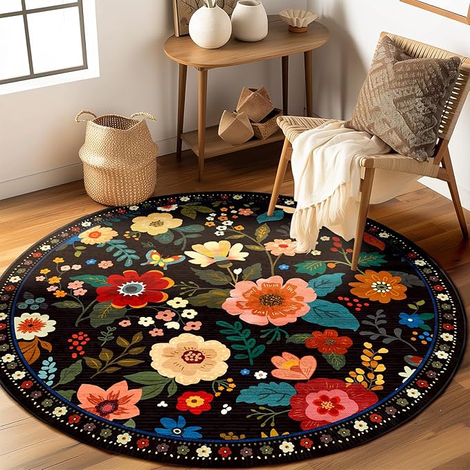 RELEANY Floral Nursery 6ft Area Rugs Washable Print Boho Cute Carpet Non Slip Flower Low Pile for Living Room Kids Girls Playroom Bedroom Kitchen Office Farmhouse-Black