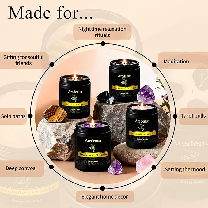 Scented Candles Set, 4 Pack Crystal Healing Candles with Rose Quartz Amethyst Tiger Eye Obsidian, 7oz Natural Soy Wax Candles, Lavender Citrus Sandalwood Cedar, Meditation Gifts for Women Men