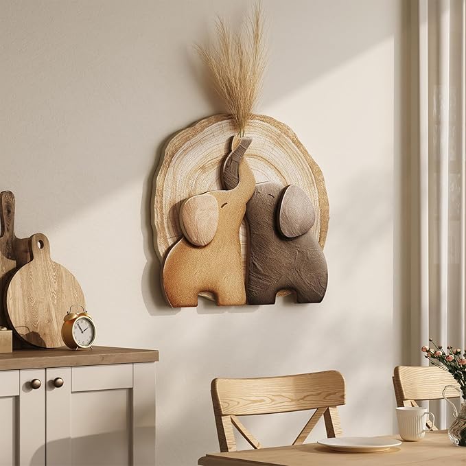 Troartos 3D Textured Elephant Wall Art Decor, Minimalist Neutral Brown Animal Artwork for Walls, Tree Ring Wall Decor for Living Room, Dining Room, Bedroom, Home Office 24x24 Inch