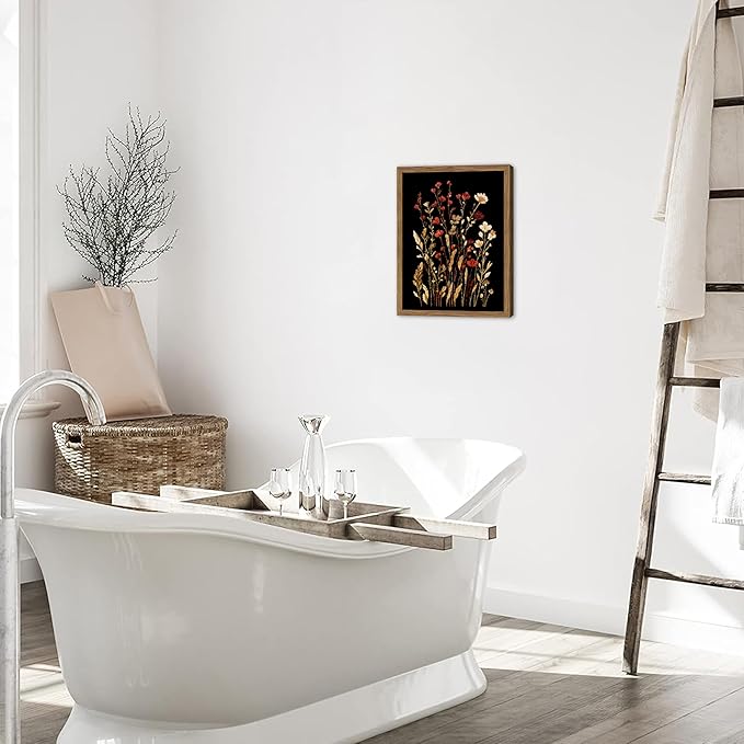 Framed Bathroom Wall Art, Dark Botanical Floral Canvas Wall Decor, Rustic Flower Prints Paintings, Vintage Wildflower Artwork Picture for Bathroom Bedroom Living Room 16x24 Inch