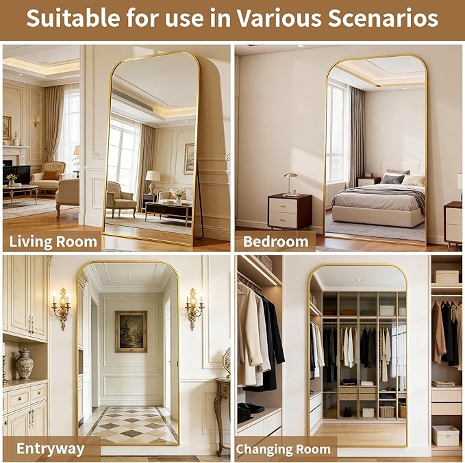 Full Length Mirror 81"x41" Arched Floor Standing Large Mirrors Full Body Mirror with Stand - with Aluminum Frame for Bedroom Living Room, Gold