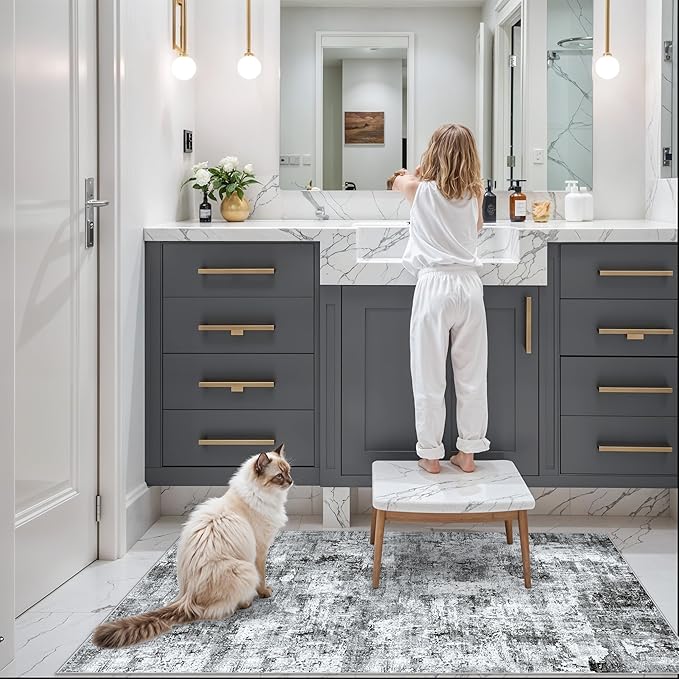 2x5 Non-Slip Washable Runner Rug – Modern Neutral Abstract Small Rug for Hallway, Kitchen, Bathroom, Bedroom, Entryway, Laundry Room – Thin Soft Low-Pile Rubber Backing (Grey)