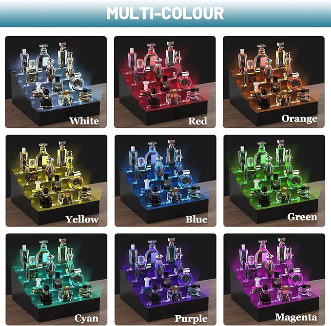 LED Lighted Cologne Organizer for Men, 4 Tier Wood Perfume Organizer with Velvet Lined Drawer, Multi Lighting Modes Perfume Display Holder with Remote Control, Cologne Shelf Stand, Nice Gift for Men