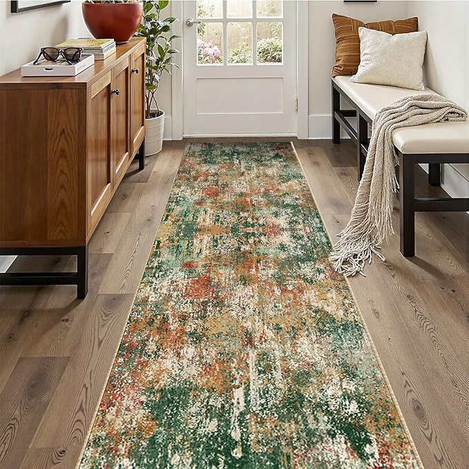 RELEANY Washable Area Rugs 2'x10' Non-Slip Modern Abstract Soft for Living Room Entryway Bedroom Nursery, Print Pattern, Green Orange Rust Red Cream Colorful
